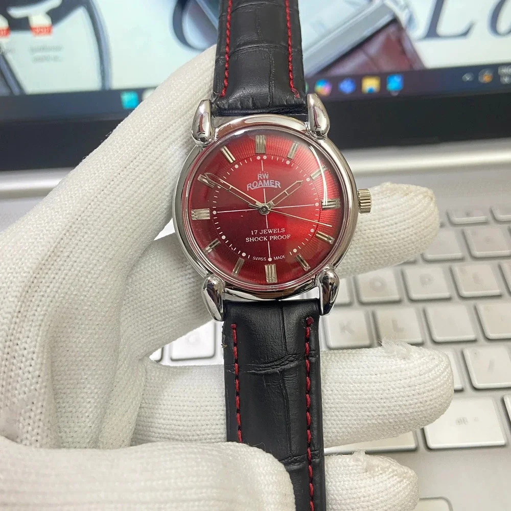 Vintage 1983 Roamer Manual Mens Silver Watch W/Leather Strap & Red accents